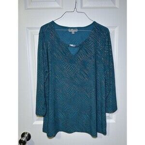 JM Collections Women’s Long Sleeve Textured Sparkle Blouse Teal Size Large NWOT